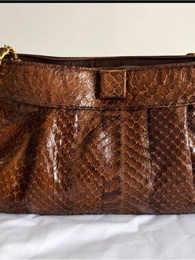 Vintage Snake-Embossed Shoulder Bag in Brown with Gold Chain